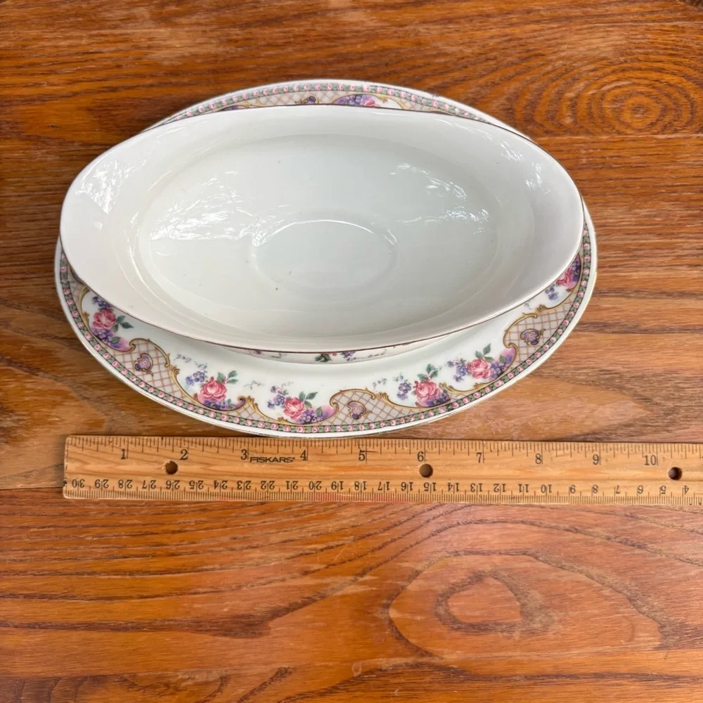 Vintage Victoria Czecho-slovakia Gravy boat  Pattern Pink Roses and gold basket